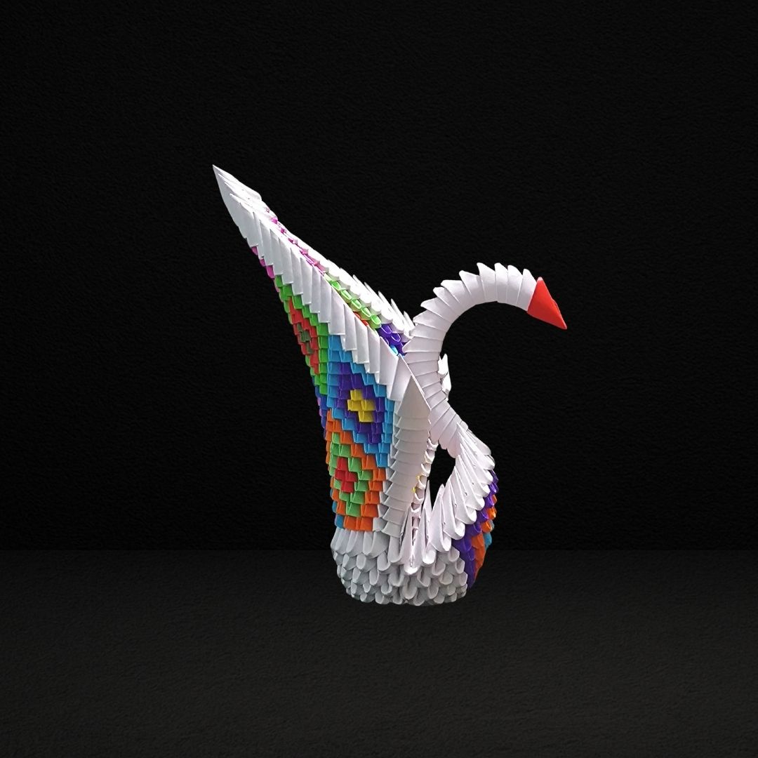 Rainbow Feather 3D Origami Swan – Handmade Multicolor Paper Sculpture

