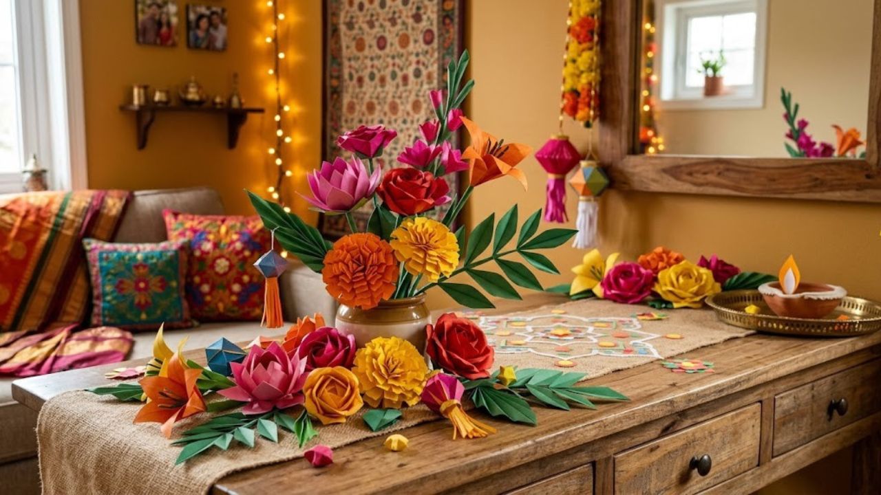 Colorful handmade origami flowers arranged as Diwali home decorations