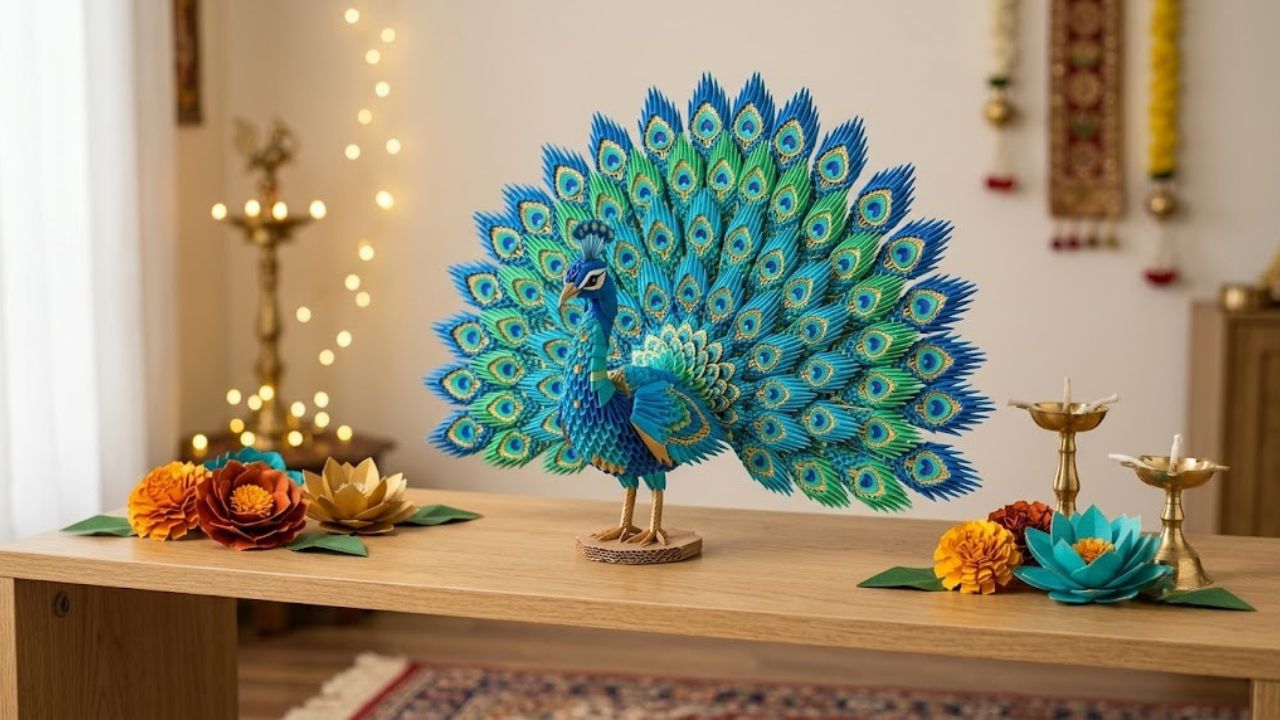 Handmade 3D origami peacock displayed as a colorful Diwali decoration