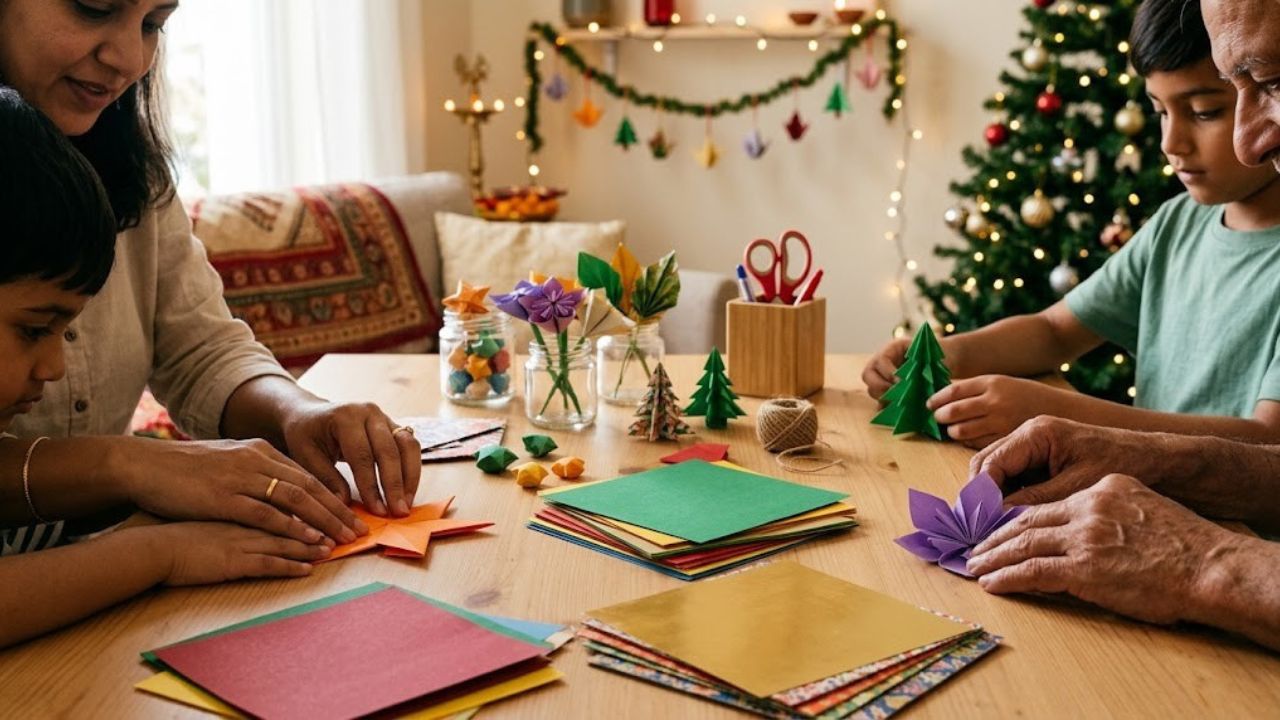 Family members creating handmade origami decorations for Diwali and Christmas