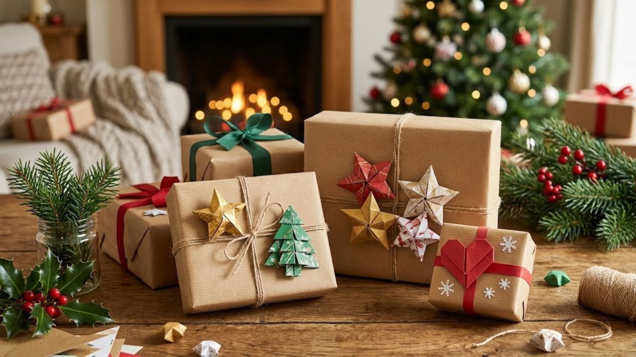 Christmas gifts decorated with handmade origami stars and paper ornaments