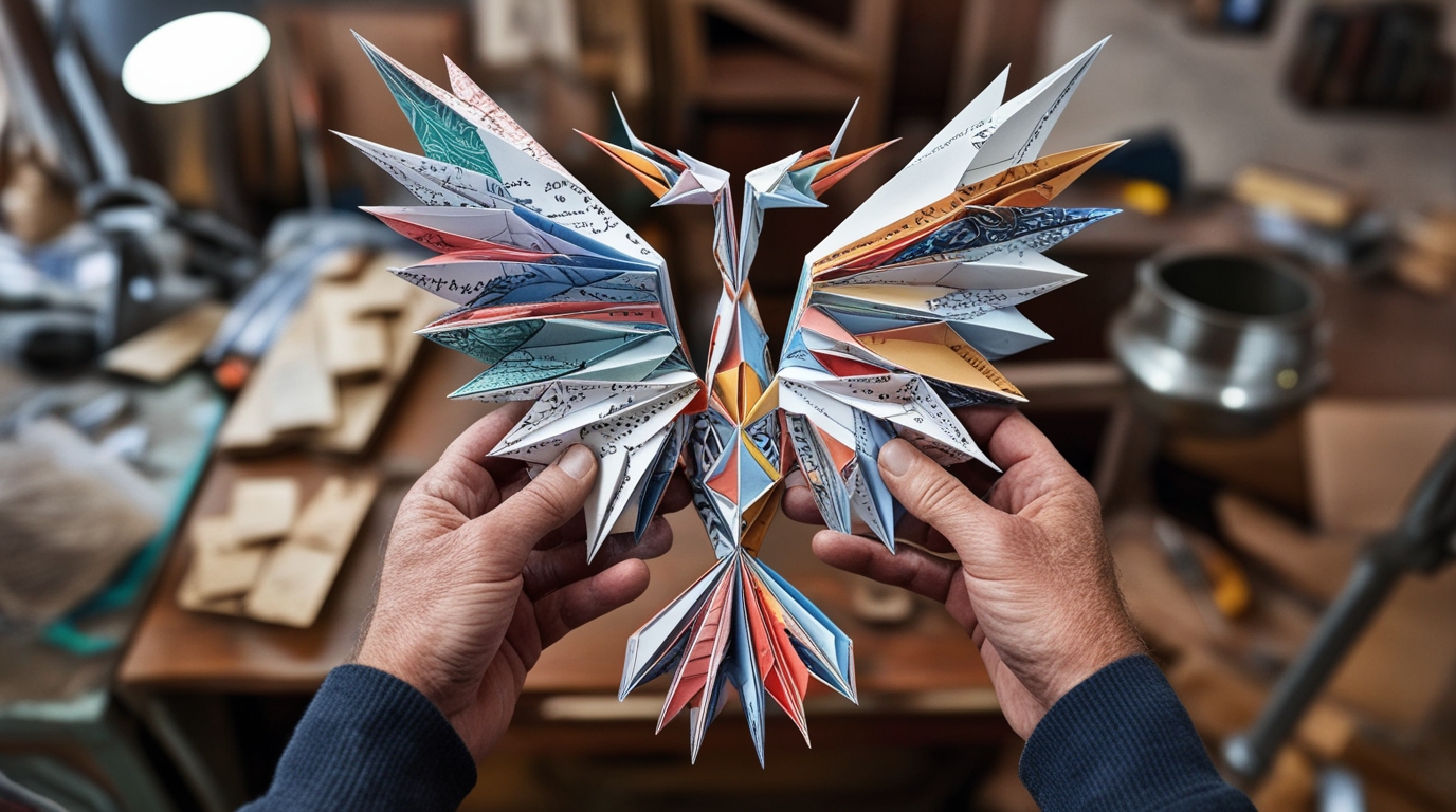 Origami artist carefully creating a handmade paper sculpture
