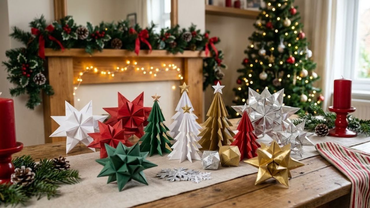 Handmade origami Christmas stars and paper trees arranged for festive home décor