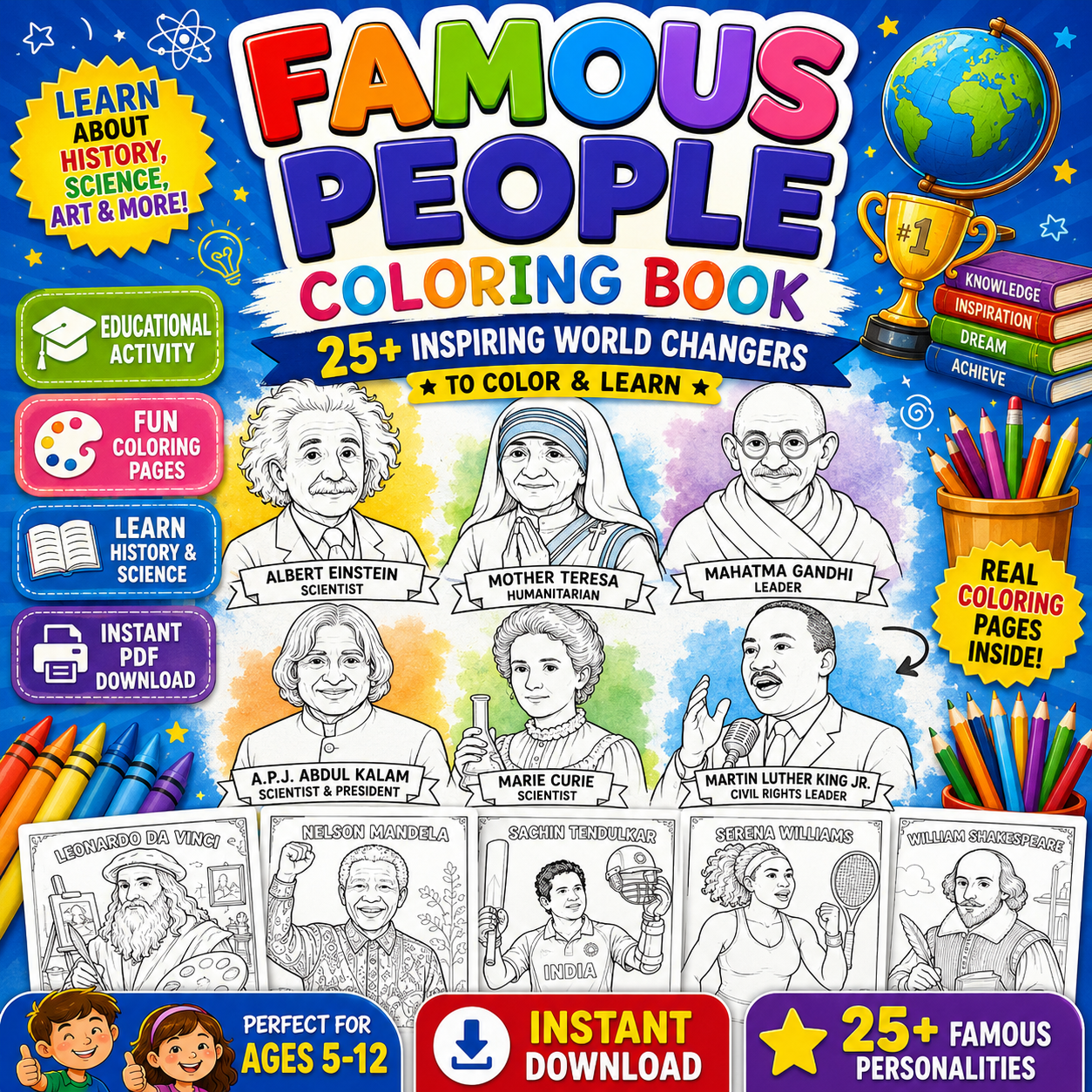 Famous People Around the World Coloring Book for Kids – Educational Printable Activity Book - product image