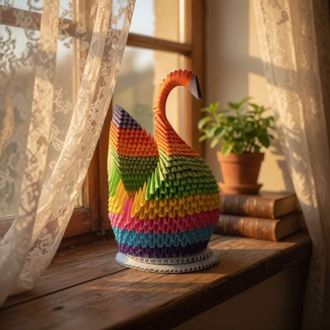 Majestic 3D Origami Rainbow Swan – Handcrafted Decorative Art Piece