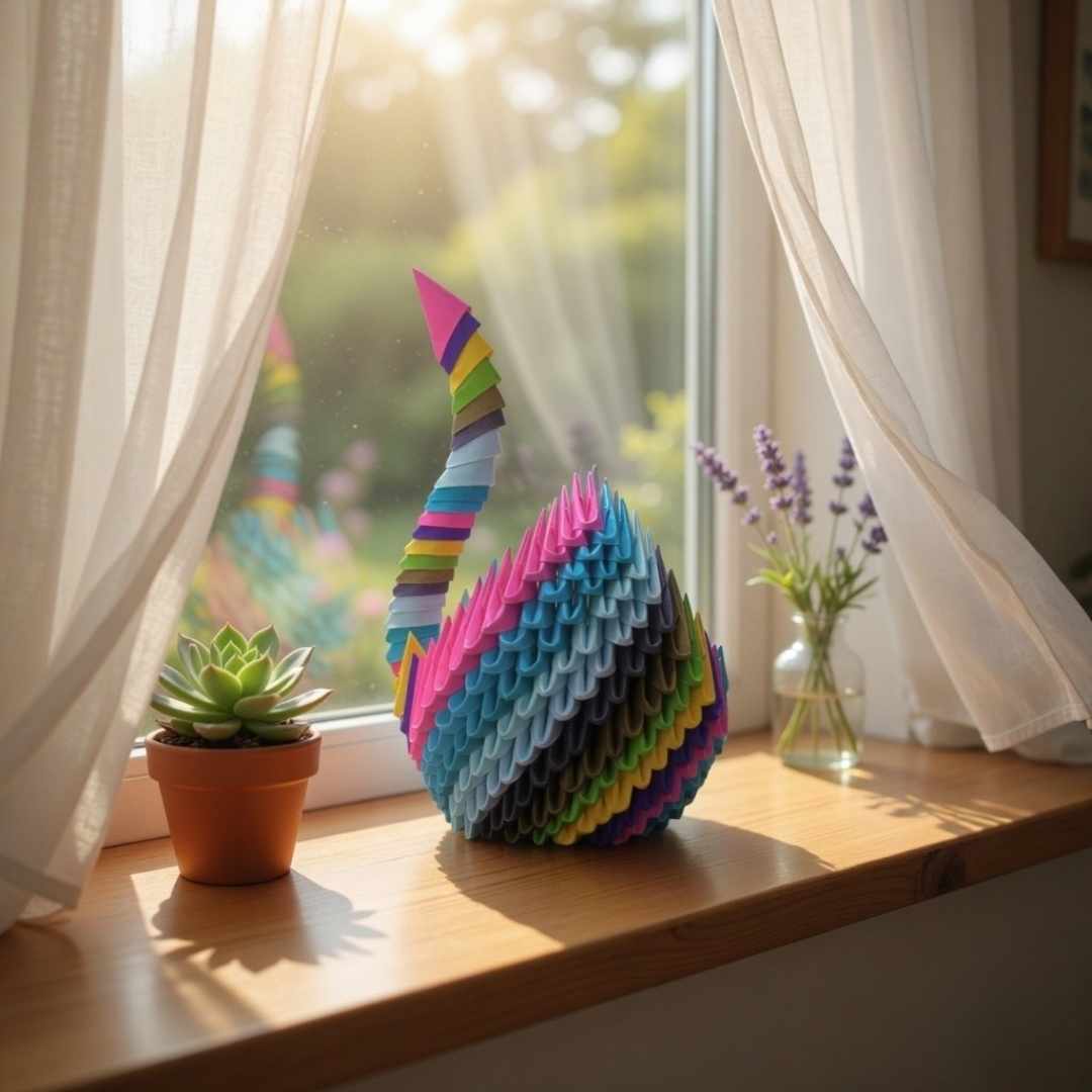 Multicolor 3D Origami Swan – Handcrafted Decorative Paper Sculpture