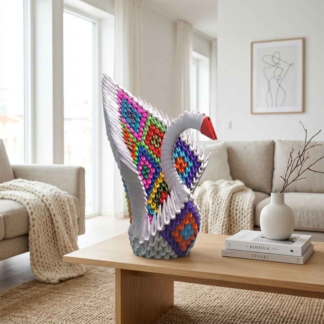 Rainbow Feather 3D Origami Swan – Handmade Multicolor Paper Sculpture