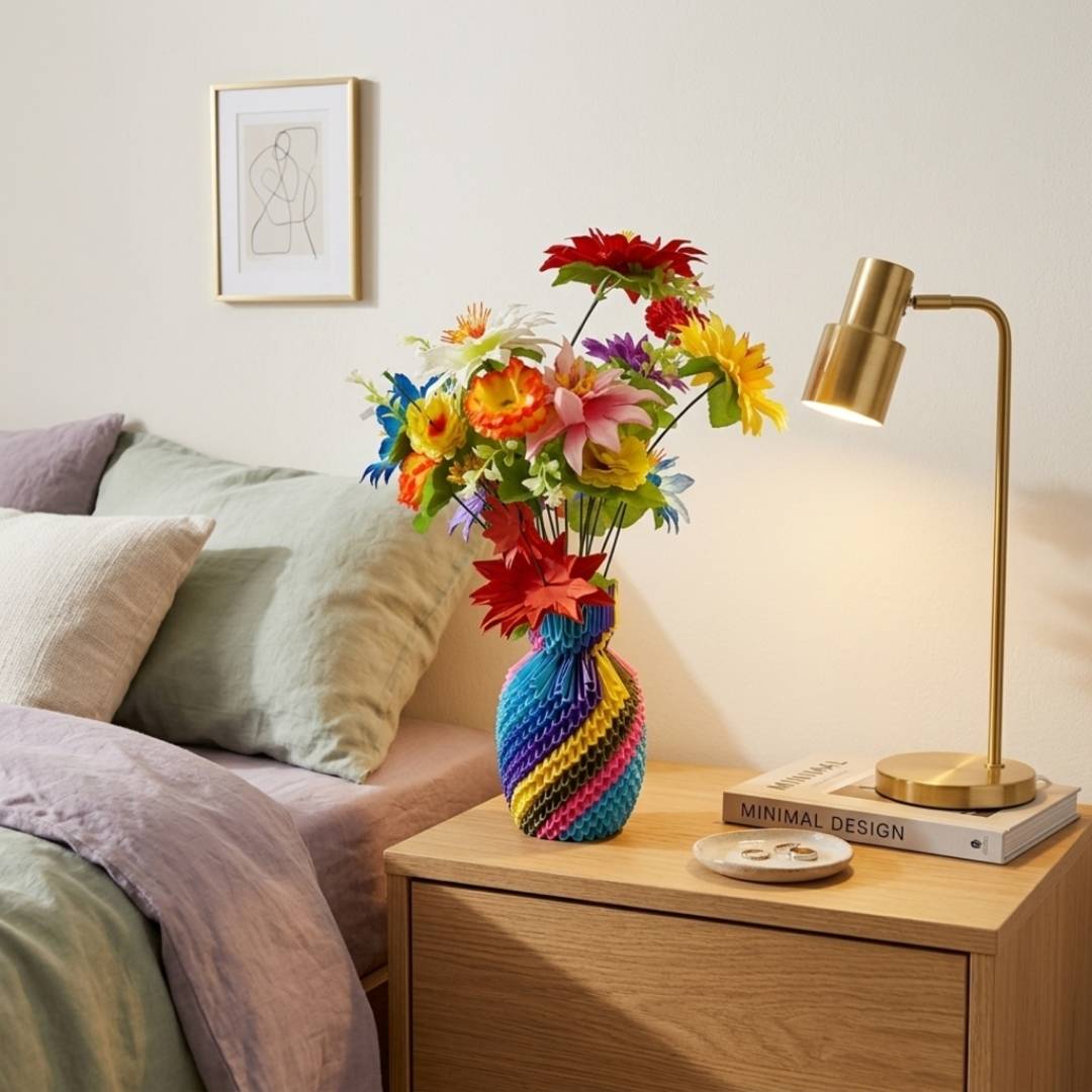 Rainbow Spiral 3D Origami Vase – Handcrafted Colorful Paper Art