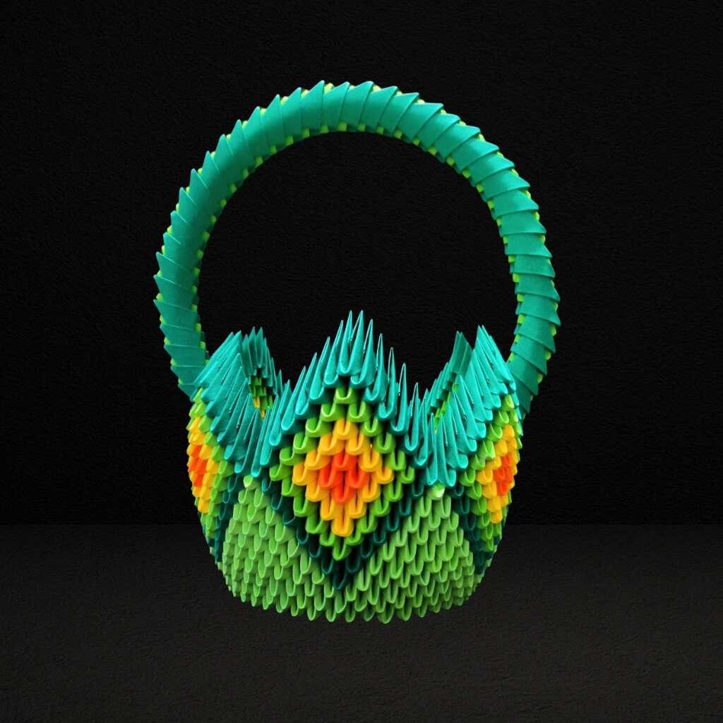 Tropical Diamond 3D Origami Basket with Handle – Handcrafted Decorative Paper Art