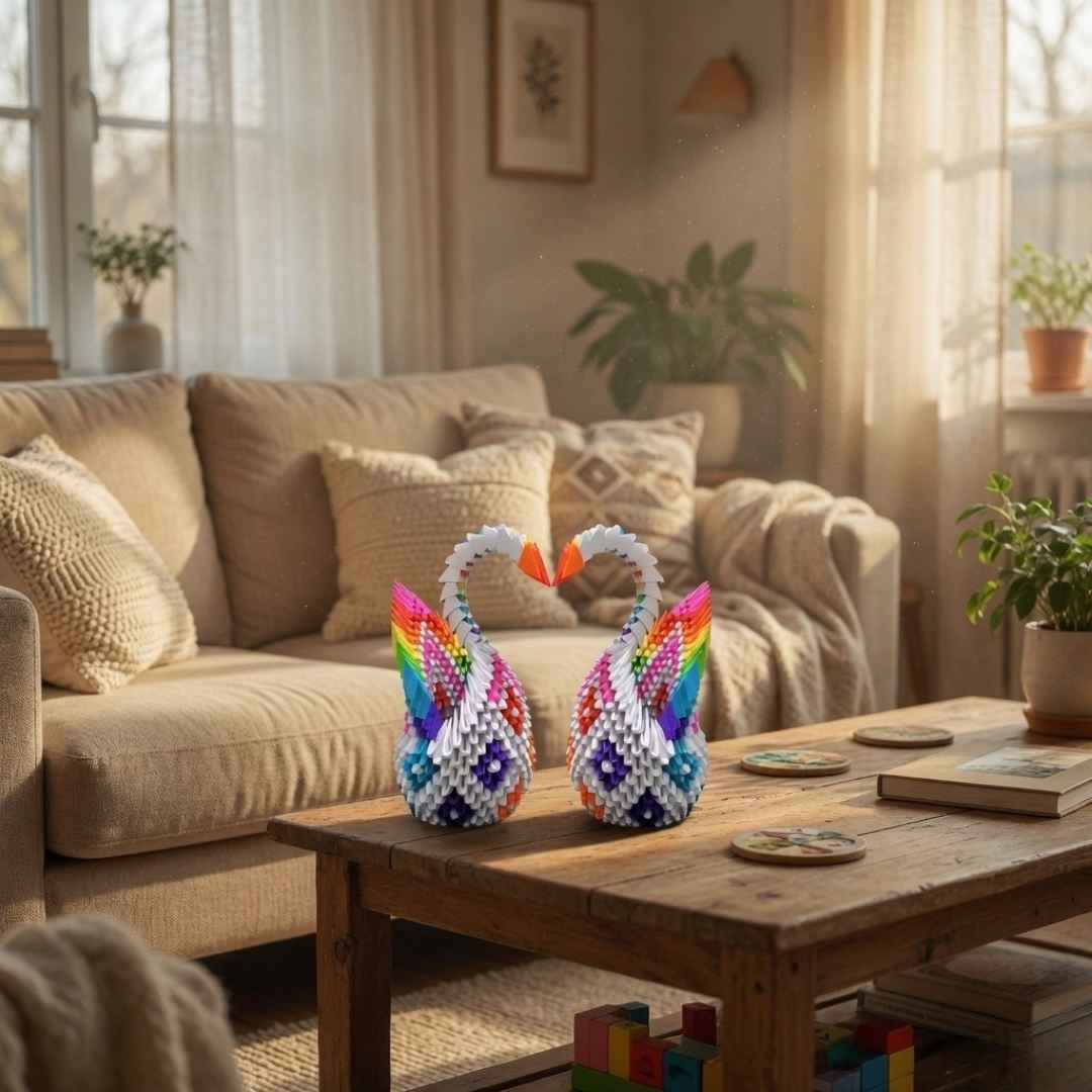 Vibrant 3D Origami Rainbow Swan – Handcrafted Colorful Art Piece