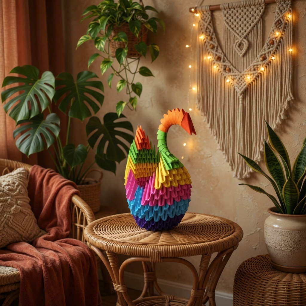 Vibrant 3D Origami Rainbow Swan – Handcrafted Decorative Art Piece