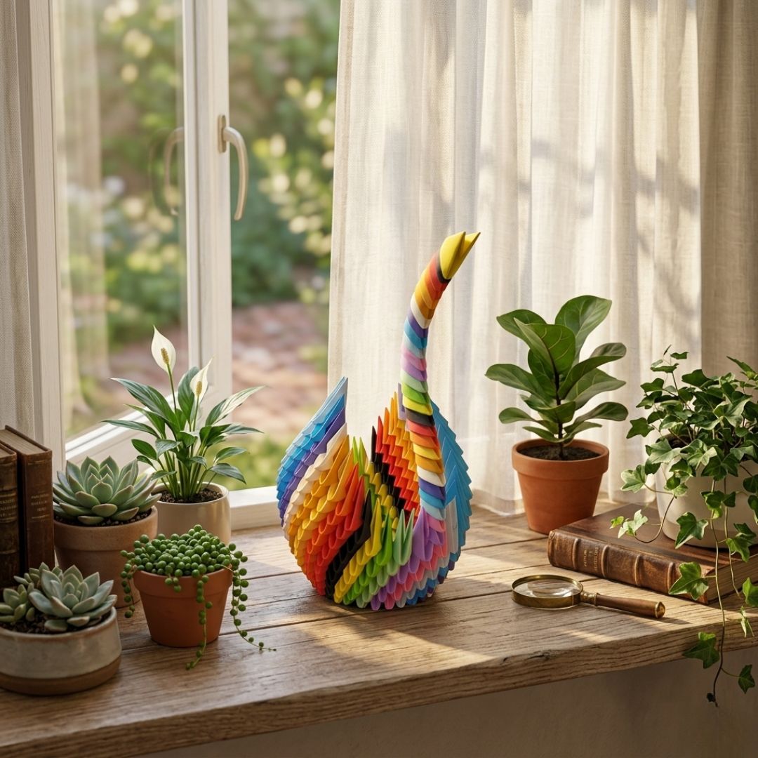 Multicolor 3D Origami Swan – Handcrafted Decorative Paper Sculpture - product image