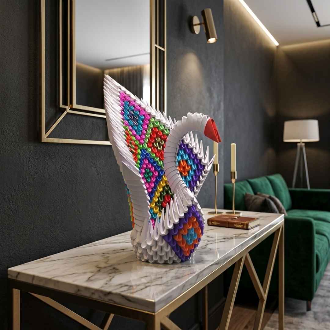 Rainbow Feather 3D Origami Swan – Handmade Multicolor Paper Sculpture - product image