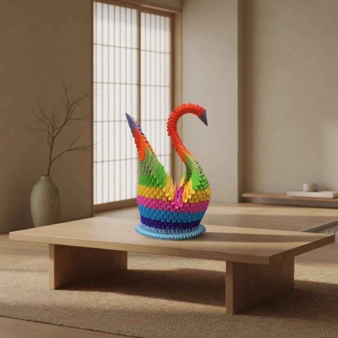 Majestic 3D Origami Rainbow Swan – Handcrafted Decorative Art Piece