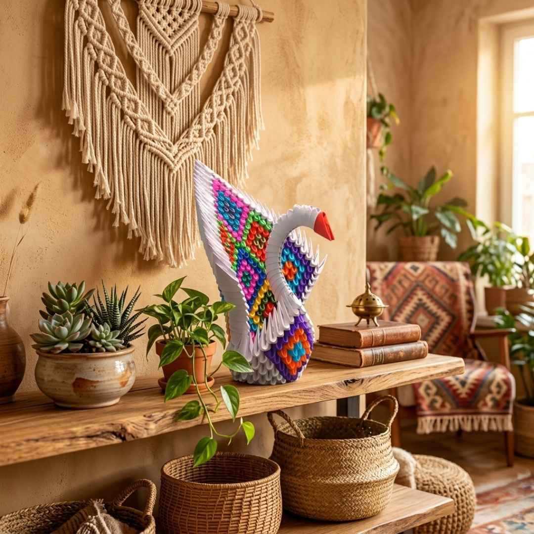 Rainbow Feather 3D Origami Swan – Handmade Multicolor Paper Sculpture