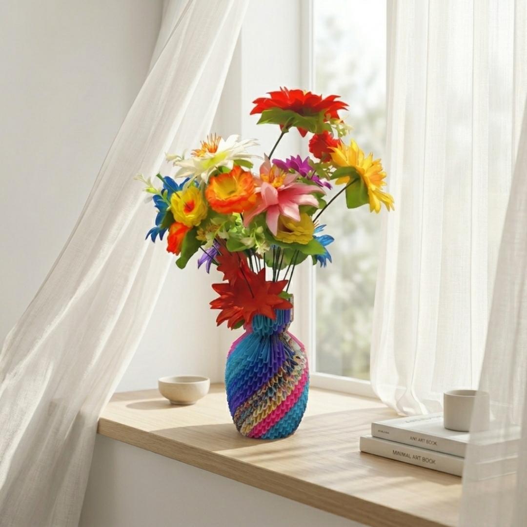Rainbow Spiral 3D Origami Vase – Handcrafted Colorful Paper Art