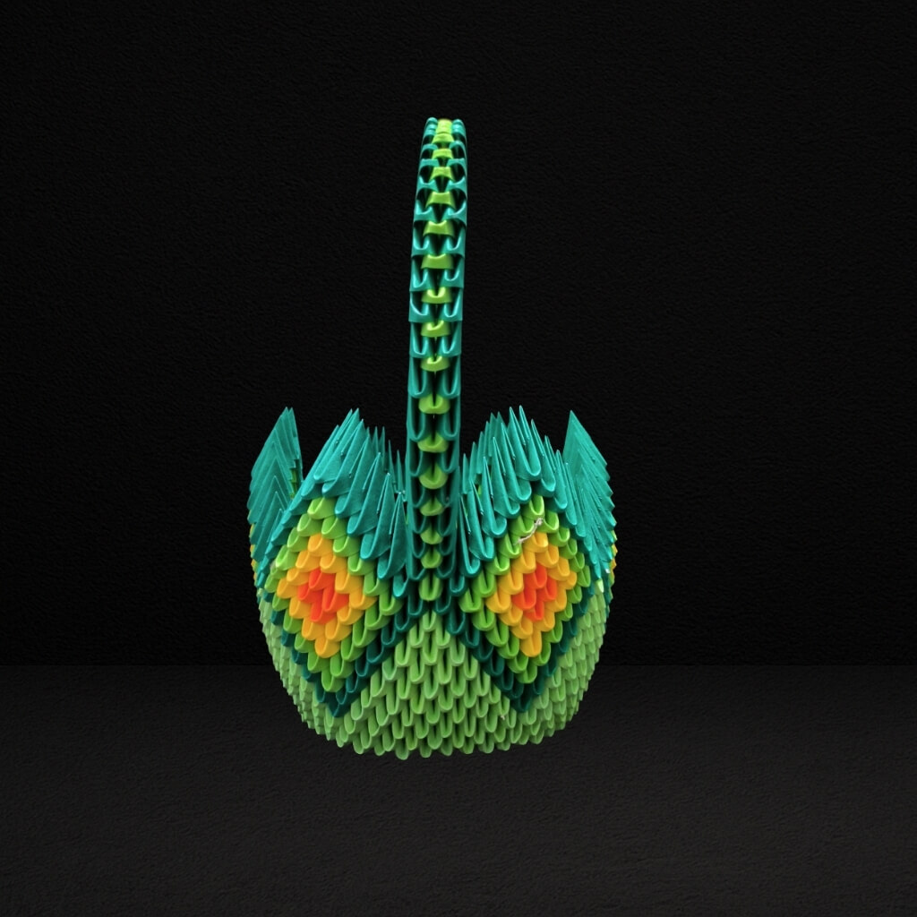 Tropical Diamond 3D Origami Basket with Handle – Handcrafted Decorative Paper Art