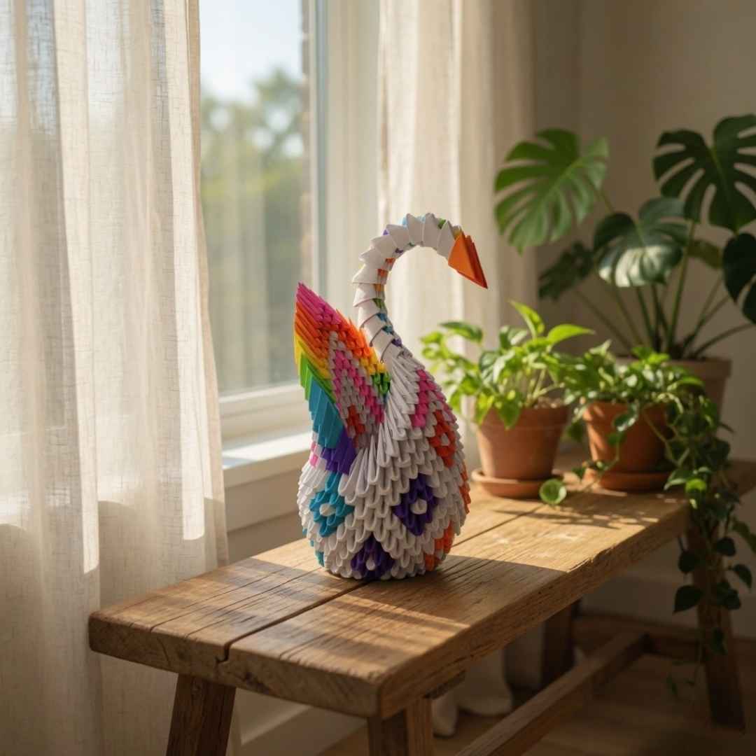 Vibrant 3D Origami Rainbow Swan – Handcrafted Colorful Art Piece