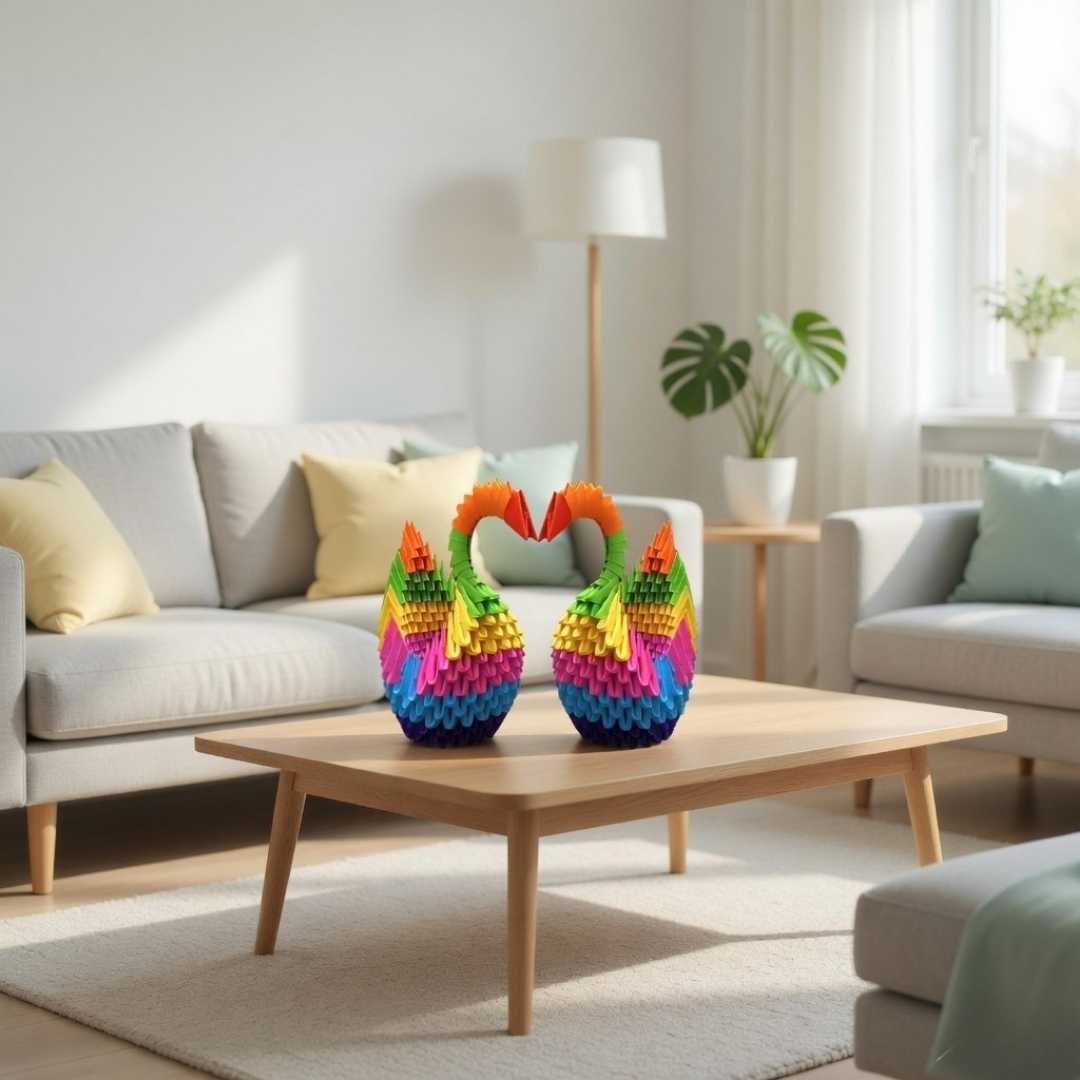 Vibrant 3D Origami Rainbow Swan – Handcrafted Decorative Art Piece