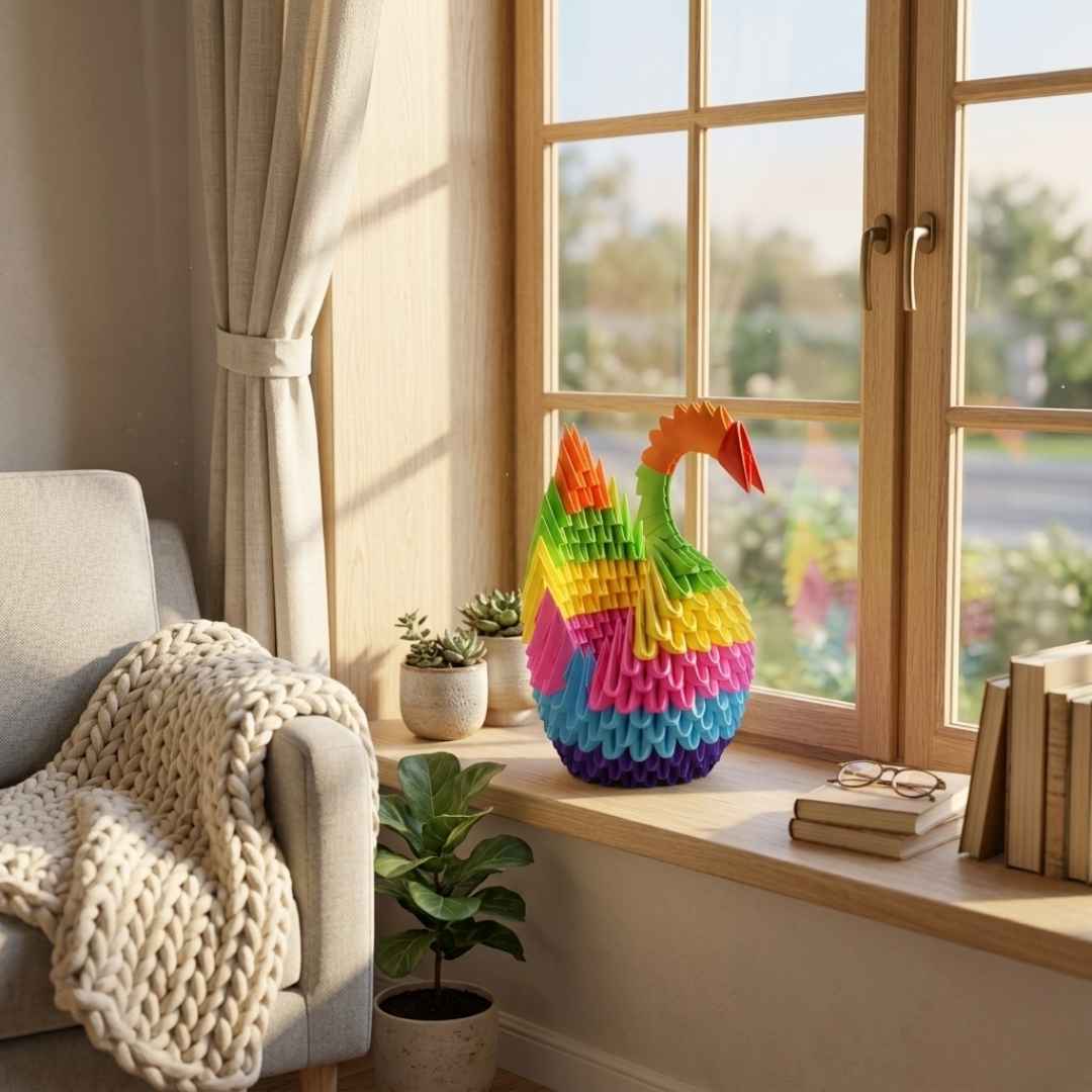 Vibrant 3D Origami Rainbow Swan – Handcrafted Decorative Art Piece